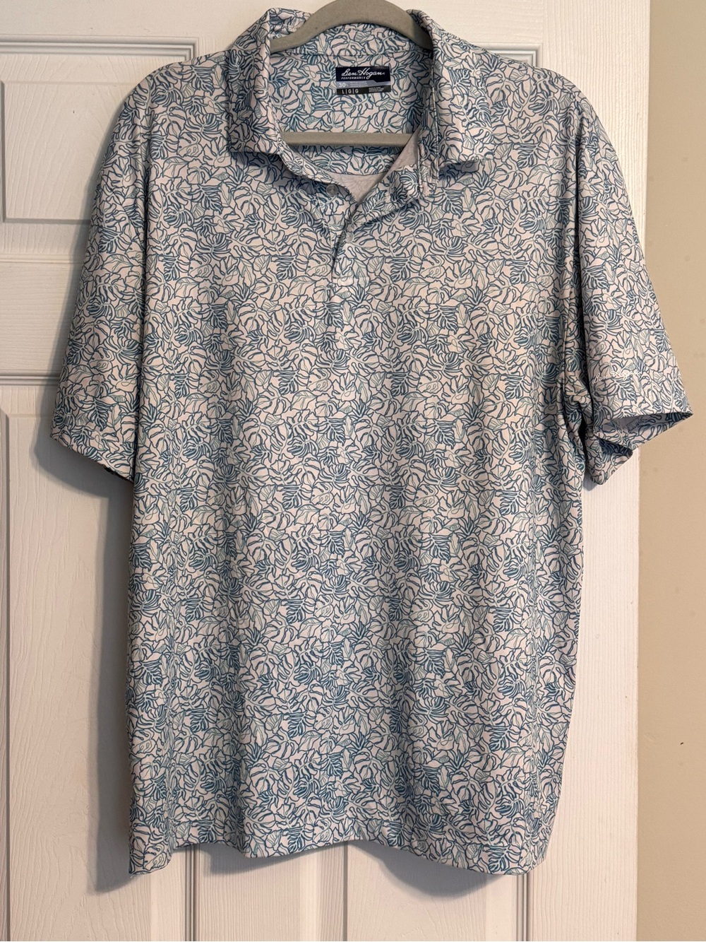 Men’s Ben Hogan Performance Blue Green Tropical Leaf Print Golf Polo Shirt Large